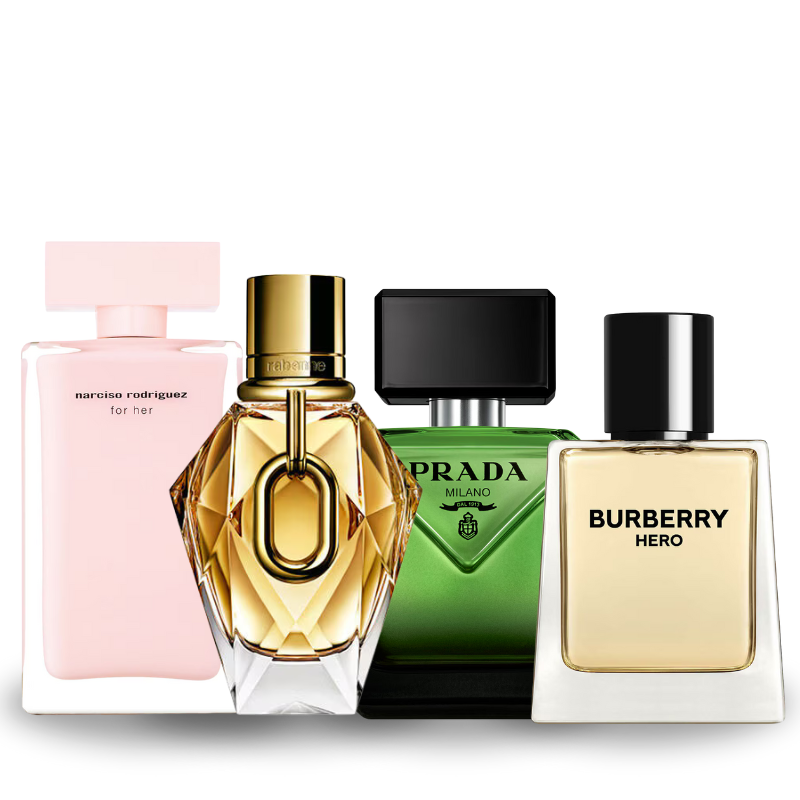 Combo de 4 Perfumes Narciso Rodriguez For Her, Million Gold, Prada Paradigme, Burberry Hero 100ml